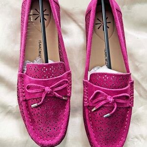 FLATS, ISAAC MIZRAHI, SZ LADIES 8.5W, DARK ROSE SUEDE, TASSLES ON EACH UPPER,